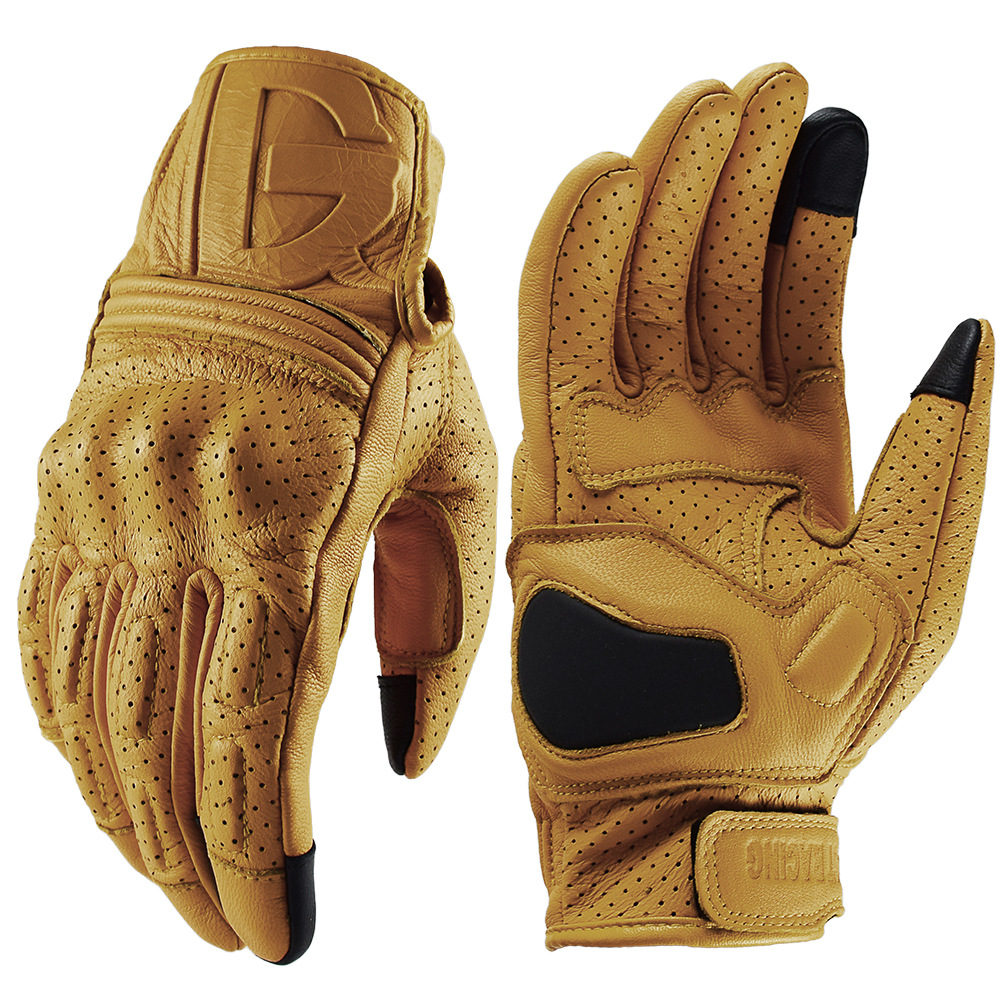 Yellow Cycling Gear - Guantes de Motocicleta Vintage de Cuero